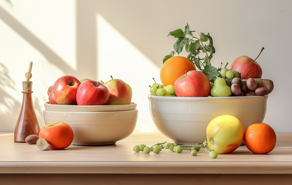 zwei schalen in der Küche mit Obst und Gemüse mit einem hellen Hintergrund