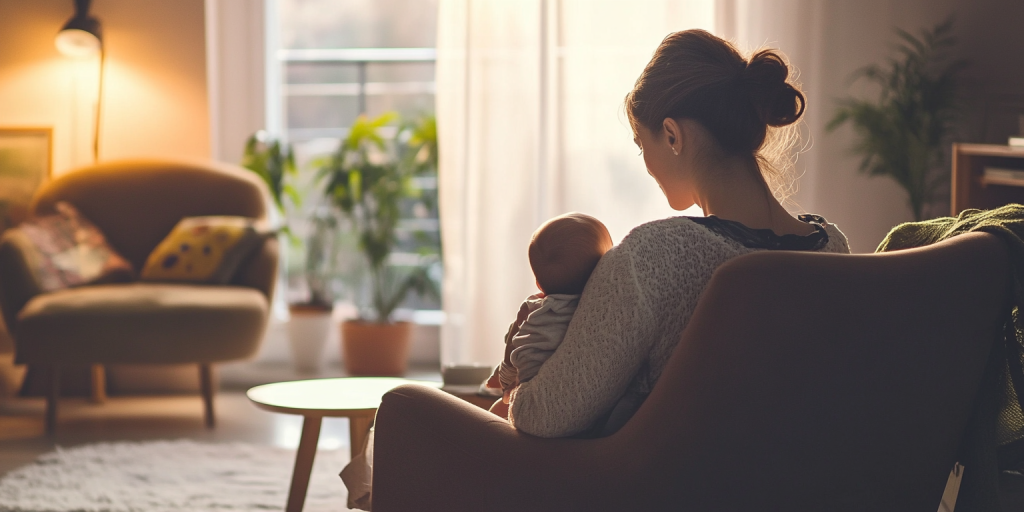 Gesund abnehmen als Mama in der Stillzeit: Mutter mit Kind auf einem Sessel