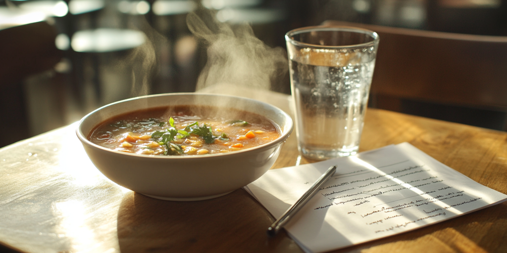 Tipps für eine gesunde Routine: Tisch mit Supper und Glass