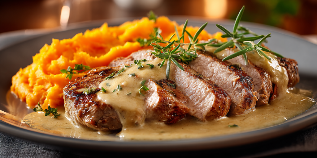 Kalbsplätzli an Salbeisauce mit Rüebli-Kartoffelstampf