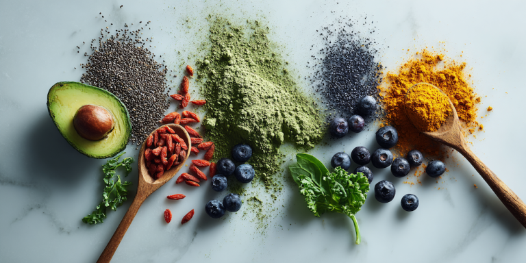 goji beeren, blaubeeren, grüne pulver und chia samen auf hellem hintergrund