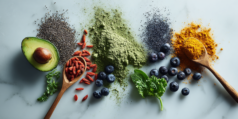 goji beeren, blaubeeren, grüne pulver und chia samen auf hellem hintergrund